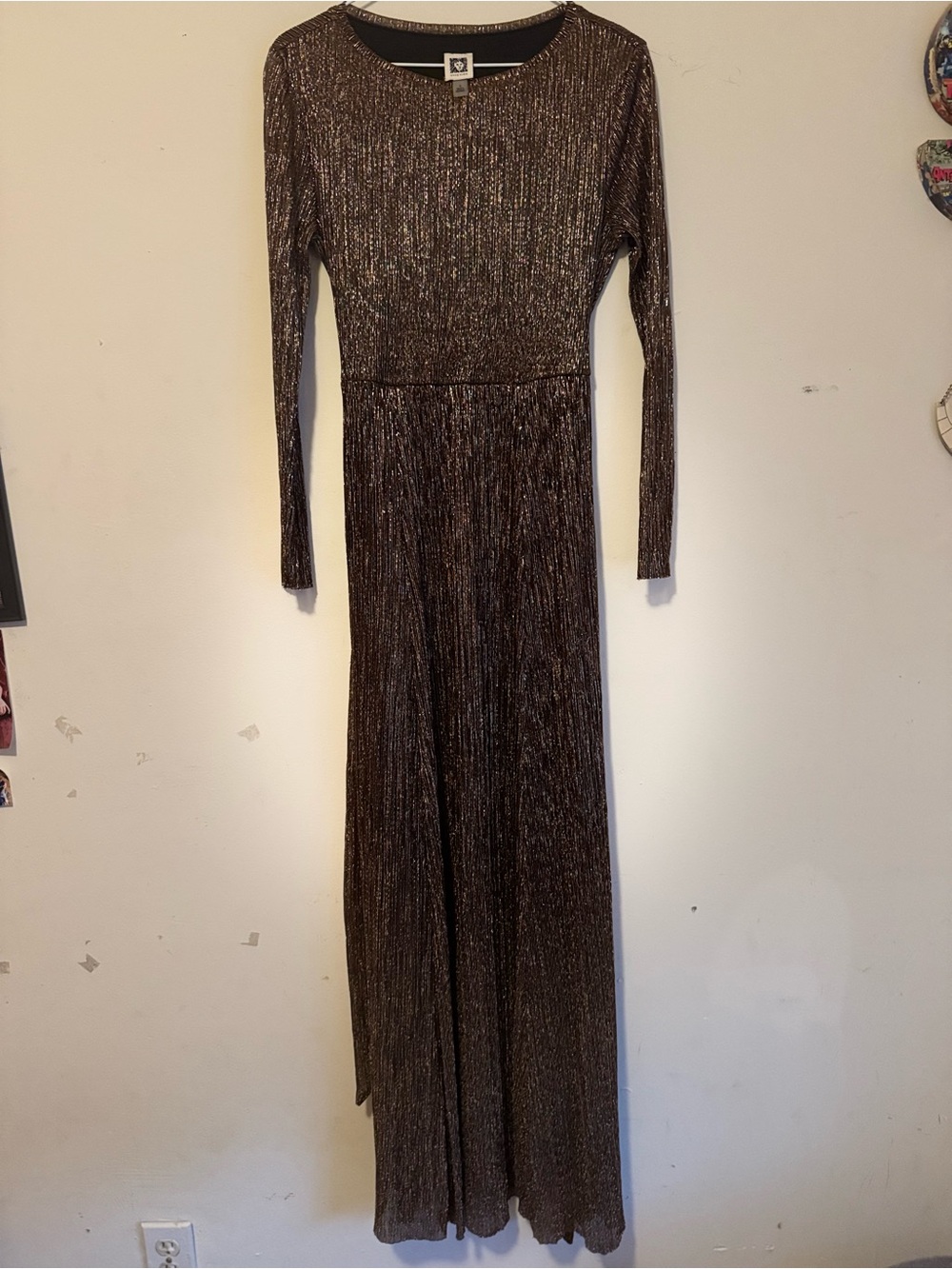 Anne Klein Metallic Bronze Long-Sleeve Maxi Dress